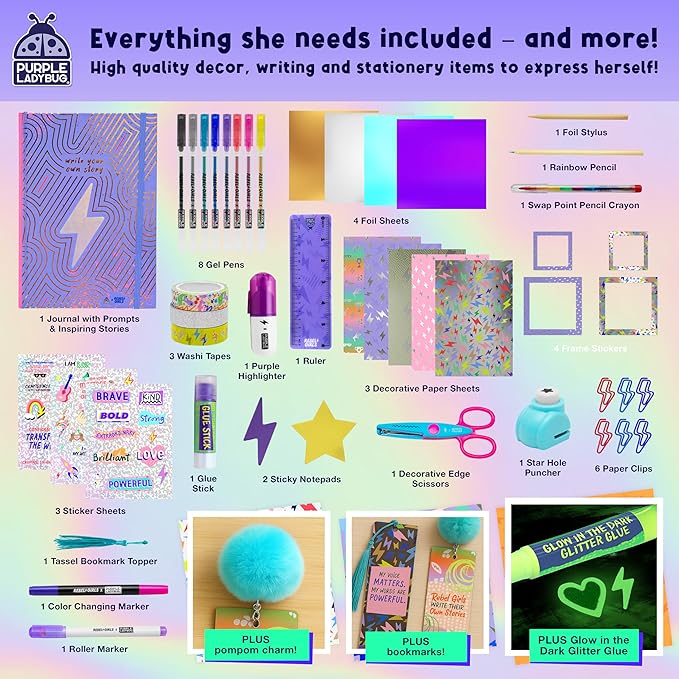 Girls Creative Gift Kit Ages 8-12 - DIY Journal Kit for Girls with Hard Cover by Rebel Girls, 10 9 Year Old Girl Birthday Gifts, Tweens and Teens Scrapbook Story Writing Activity with 50+ Accessories