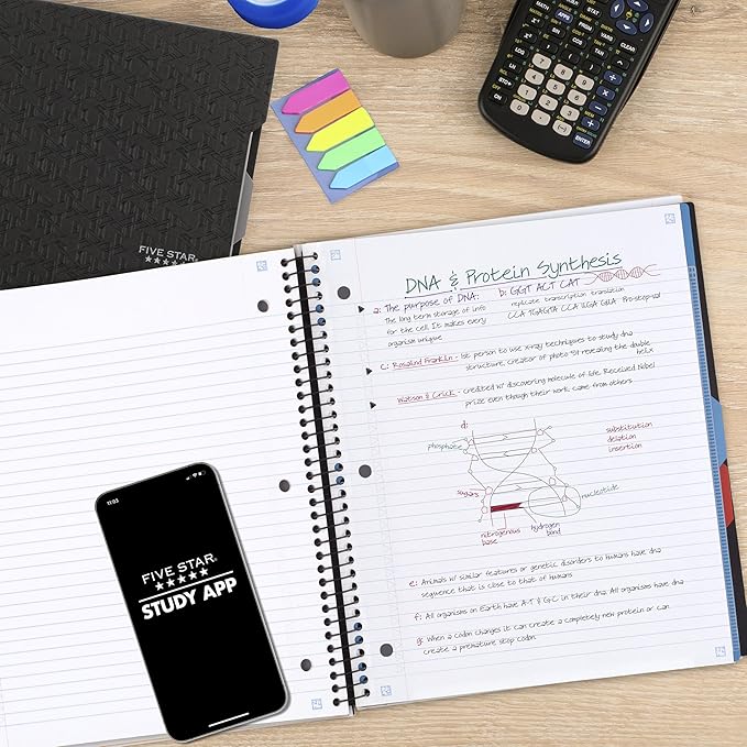 Five Star Advance Spiral Notebook + Study App, 3 Subject, College Ruled Paper, 8-1/2" x 11", 150 Sheets, Spiral Guard, Movable Tabbed Dividers, Black (73132)