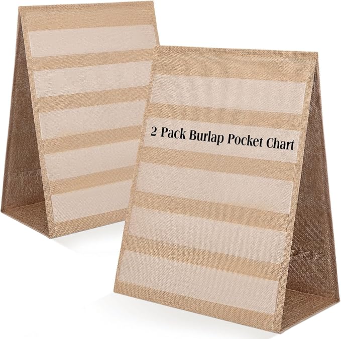Motipuns 2 Pack Burlap Pocket Chart for Classroom, 17 x 13 Inches Farmhouse Desktop Pocket Chart Double Sided Tabletop Stand Decor for Teacher Homeschoolers Aids in Teaching