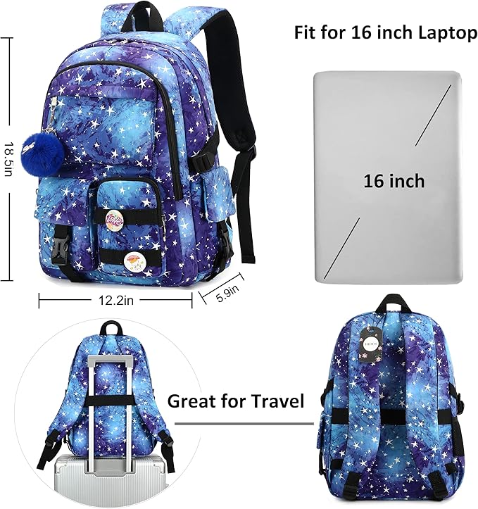 Hidds Laptop Backpacks 15.6 Inch College Backpack Elementary Middle High School Book Bag Cute Kids Bookbags Anti Theft Travel Back Pack Casual Daypack for Teens Girls Women Students (Galaxy Blue)