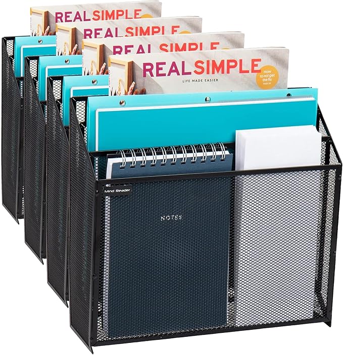 Mind Reader Vertical File Storage, Desktop Organizer, Wall Mount, Office, Metal Mesh, 12.5" L x 3.75" W x 11.5" H, Black (Pack of 4)