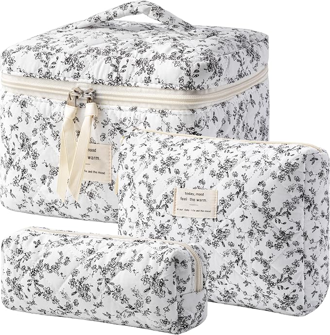 HBselect Quilted Makeup Bag, 3Pcs Cotton Large Travel Makeup Bags Organizer | Cute Floral Make up Bag Cosmetic Bag Toiletry Bag for Women Girls, Makeup Pouch for Skincare, Brushes & Travel Essentials
