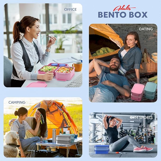 Jelife Adult Bento Lunch Box - 3 Layers Stackable Bento Lunch Box for Adults, 72oz Large All-in-One Bento Box Leak-Proof Lunch boxes with Utensil Sauce Containers, Ideal for Dining Out,Work, Blue