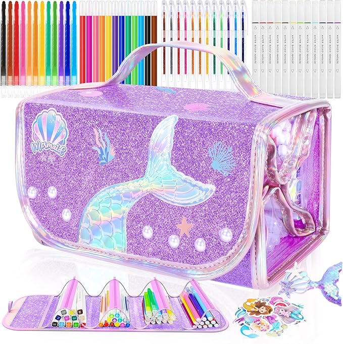 Mermaid Arts and Crafts for Girls Ages 4-5-6-7-8, 70 PCS Art Supplies Set with Bonus Mermaid Hairpin, 3D Glitter Case, Washable Dual Tip Markers, Scented Gel Pens & Twist-up Crayons, Birthday Gift