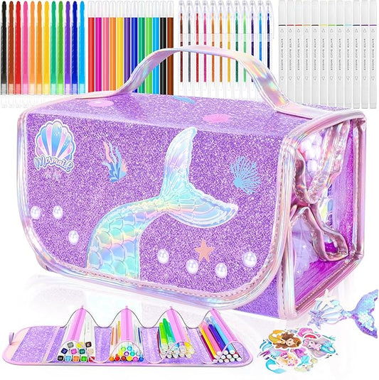 Mermaid Arts and Crafts for Girls Ages 4-5-6-7-8, 70 PCS Art Supplies Set with Bonus Mermaid Hairpin, 3D Glitter Case, Washable Dual Tip Markers, Scented Gel Pens & Twist-up Crayons, Birthday Gift
