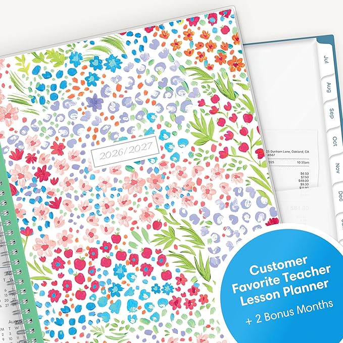 Blue Sky 2026-2027 Weekly and Monthly Academic Year Teacher Lesson Planner Calendar, July 2026 - June 2027, 8.5" x 11", Clear Pocket Cover, Wirebound, Laminated Tabs, Storage Pocket, Ditsy Dapple Light