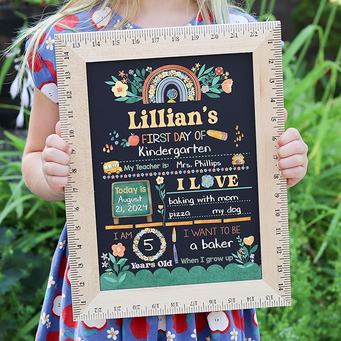First Day of School Sign (11.5"x15"), Reusable Chalkboard, Easy to Clean with Real Wooden Ruler Frame, Perfect for Back to School, First Day of Kindergarten (Rainbow Garden)