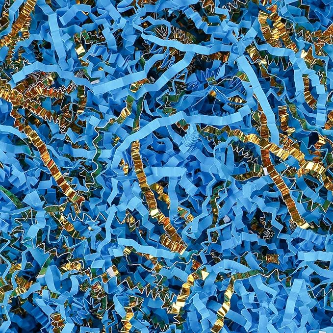 Crinkle Cut Paper Shred Filler 8 oz (1/2 lb) Gift Wrapping & Gift Basket Filler for Christmas, Halloween & Wedding Decorations,Easter Basket Grass Filler ,Crafting Activities (Lake Blue and Gold)