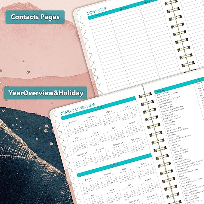 2027 Planner - 2027 Weekly and Monthly Planner Calendar, January 2027 - December 2027, 6.3" x 8.4", Back Pocket + Thick Paper + Twin-Wire Binding - Pink Moon