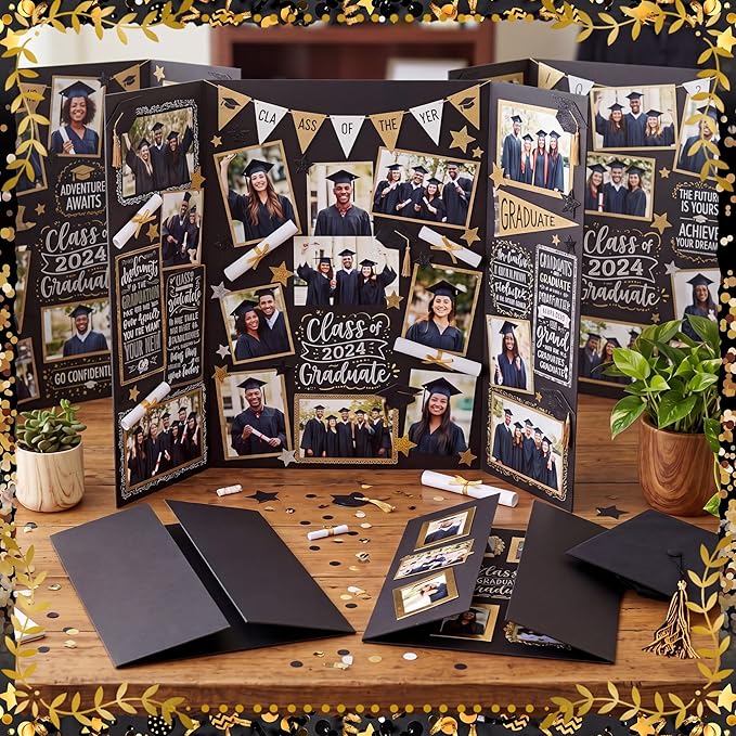 Colarr 3 Pack Graduation Photo Display Board Large Graduation Season Trifold Poster Board 24" x 36" Black Trifold Poster Photo Display for Class of 2026 Grad Party Picture Frames for Table