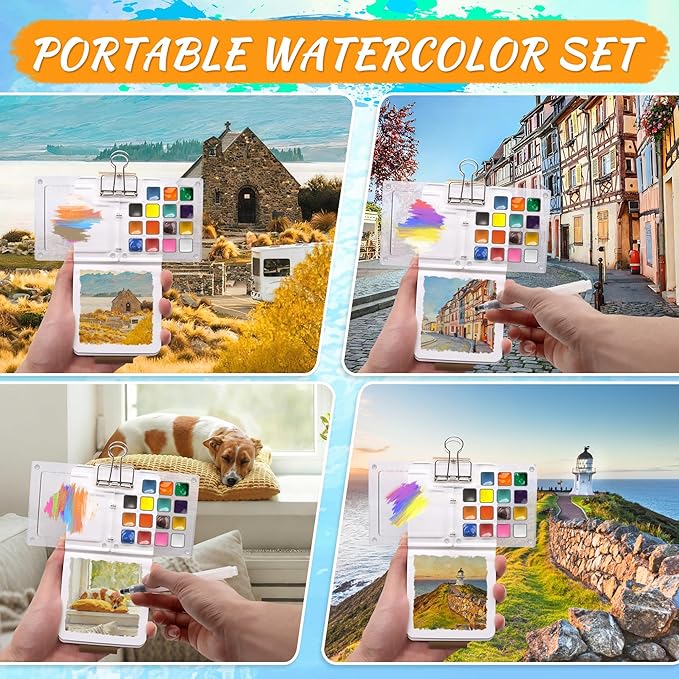 Pocket Watercolor Paint Set, 24 Vibrant Colors with 15-Well Acrylic Palette - Portable Travel Art Kit for Beginners, Artists, Outdoor Sketching & Gift