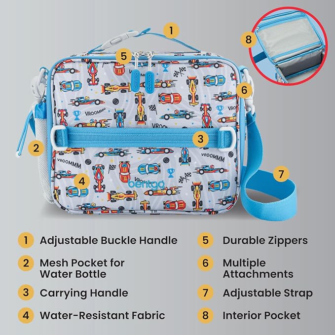 Bentgo Kids Prints Double-Insulated Reusable Lunch Bag | For Kids 3+, Adjustable Strap; Holds Lunch Box/Water Bottle/Snacks; Easy-Clean, Water-Resistant, Pockets (NEW Race Cars)