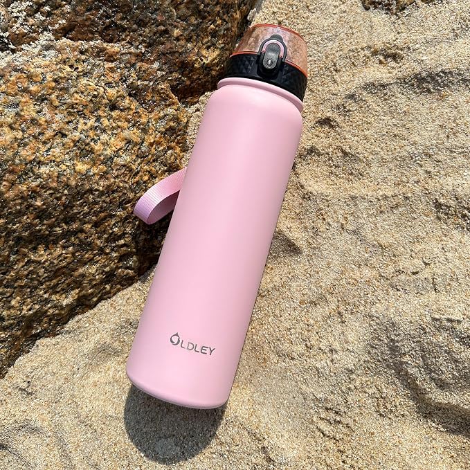 Oldley Insulated Water Bottle 32oz Water Bottles with Straw, Stainless Steel Water Bottle with 3 Lids, Double Wall Vacuum Bottels for Adults Kids, Leak-Proof Sport Bottles for School Travel, Pink