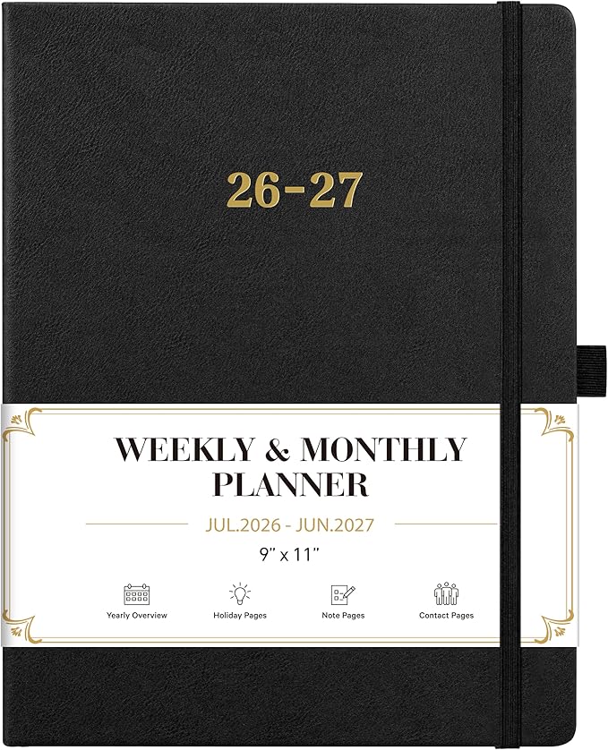 2026-2027 Planner - Weekly and Monthly Planner 2026-2027, Jul.2026 - Jun.2027, 9" x 11", 26-27 Calendar Planner with Inner Pocket + Bookmarks+ Leather Hardcover, Black