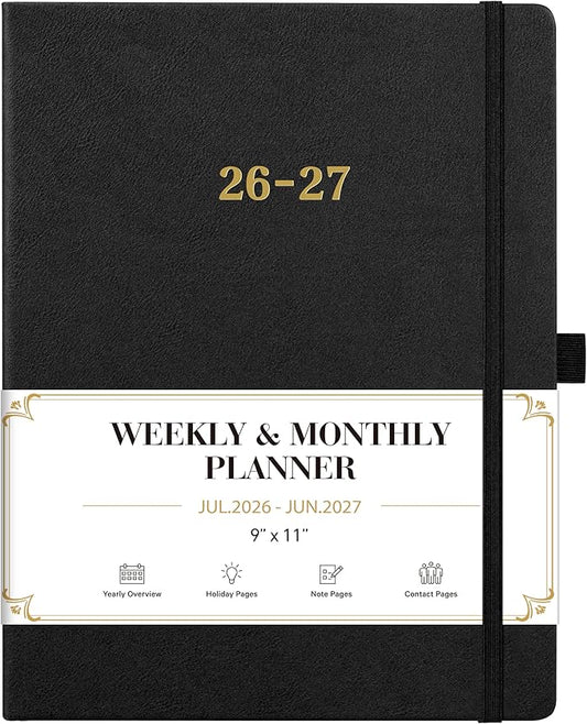 2026-2027 Planner - Weekly and Monthly Planner 2026-2027, Jul.2026 - Jun.2027, 9" x 11", 26-27 Calendar Planner with Inner Pocket + Bookmarks+ Leather Hardcover, Black
