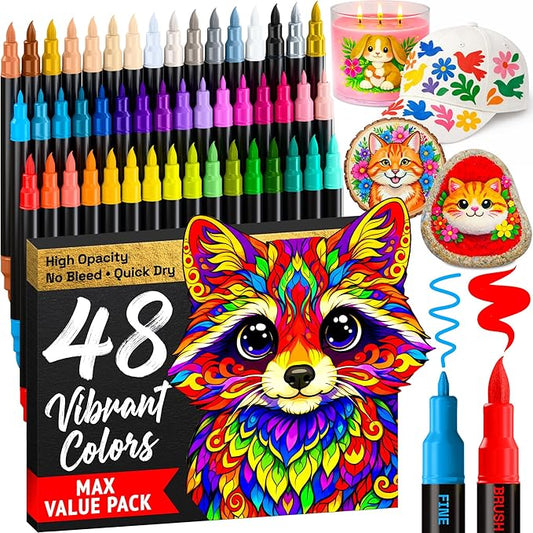 ARTISTRO 48 Acrylic Paint Markers - Paint Pens for Drawing, Brush + Fine Tips - For Fabric, Rock, Glass, Wood, DIY - Art & Craft Supplies for Adults, Teens, Kids - Teacher Appreciation Gift