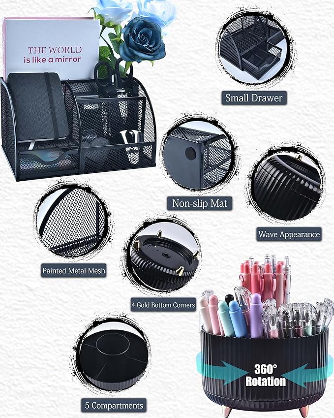 20Pcs Black Desk Organizers and Accessories With Mesh Desk Organizer and 360°Rotating Pen Holder and a Lot of Office Black Office Supplies Beautifully Presented in a Gift Box