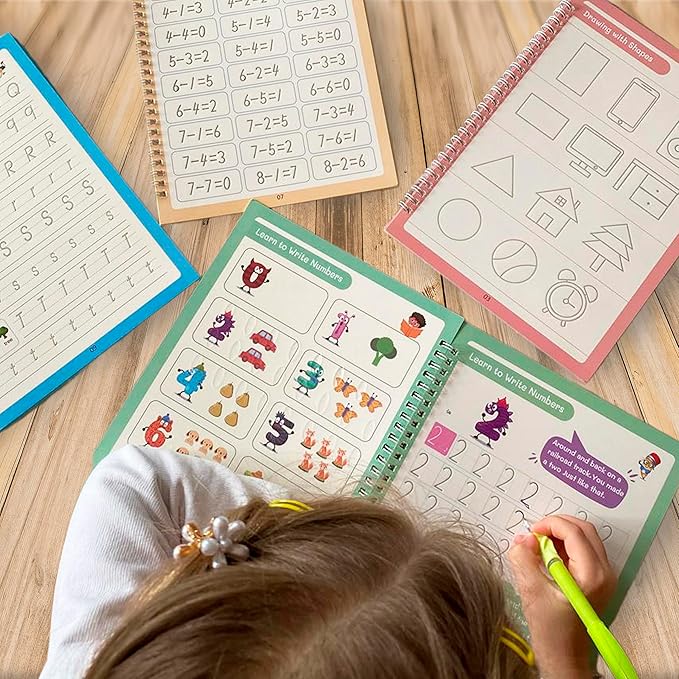 Magic Practice Copybook for Kids Ages 3-8, 4 Pack Grooved Reusable Handwriting Workbooks, Tactile Letter and Number Tracing Set with 2 Disappearing ... Preschool Graduation or Toddler Learning Gift