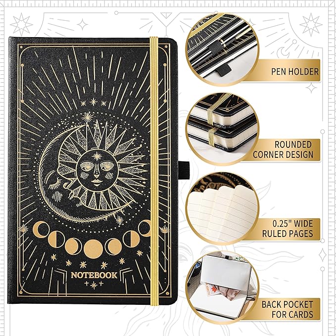 Artfan Ruled Notebook/Journal – Premium Thick Paper Classic Writing Notebook with Pocket + Page Dividers Gifts, Banded, Large, 128 Pages, Hard Cover, Lined (5.3" x 8.26") - Sun and Moon
