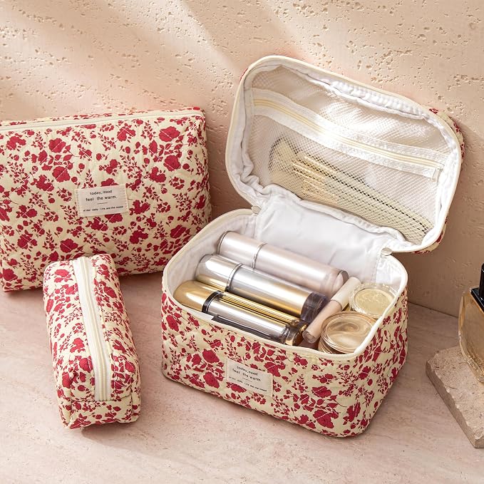 HBselect Quilted Makeup Bag, 3Pcs Cotton Large Travel Makeup Bags Organizer | Cute Floral Make up Bag Cosmetic Bag Toiletry Bag for Women Girls, Makeup Pouch for Skincare, Brushes & Travel Essentials