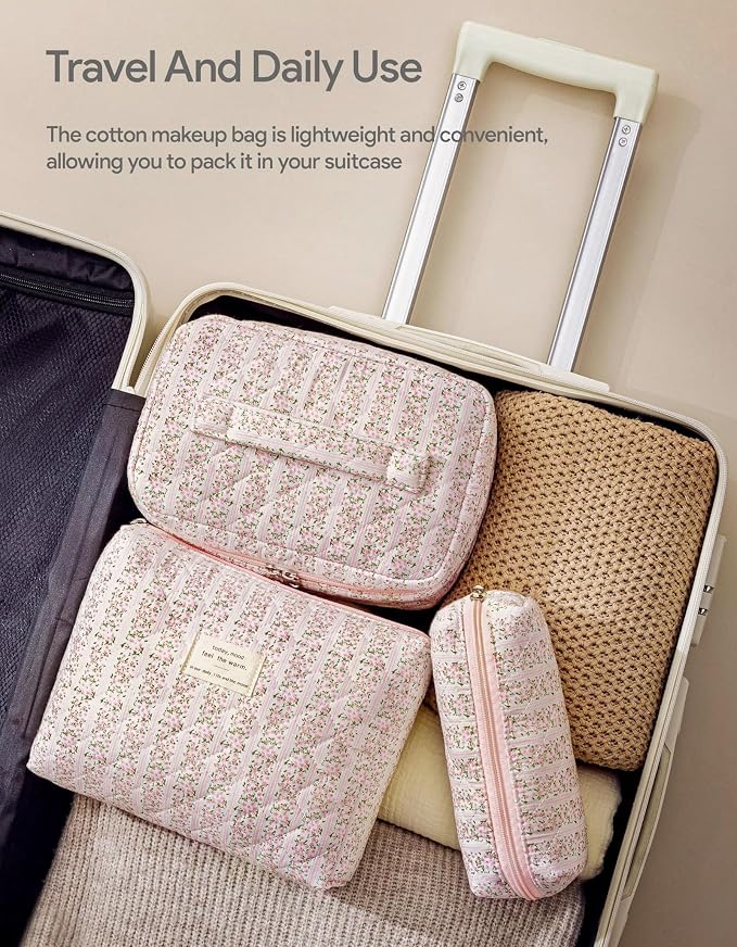 HBselect Quilted Makeup Bag, 3Pcs Cotton Large Travel Makeup Bags Organizer | Cute Floral Make up Bag Cosmetic Bag Toiletry Bag for Women Girls, Makeup Pouch for Skincare, Brushes & Travel Essentials