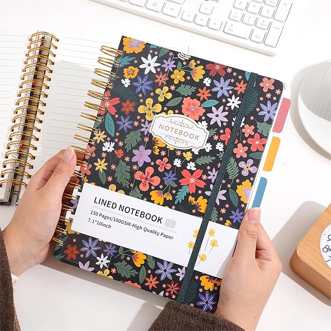 Hardcover Spiral Notebook 7.1"x10" Journal with Removable Divider Tabs, 150 Pages, 5 Subject Notebook, Ideal for Women Work Stationery, Pretty Student Planner, Meetings, Essential Notebooks, Tabbed Notebook, Aesthetic Subject Journal