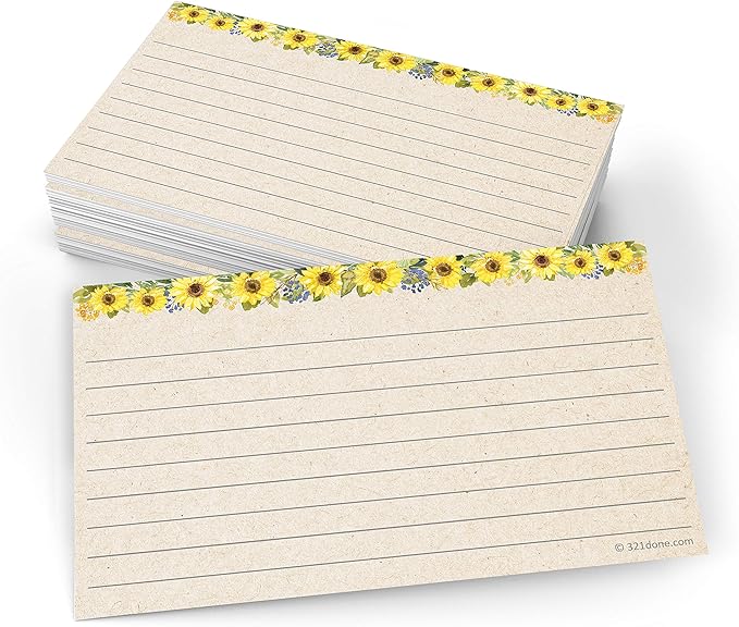321Done Ruled Note Cards, Sunflower 3x5 Thick Index Cards - Kraft Tan Card Stock, Notecards & Stationery with Lines for Writing, Stamping - Made in USA, Set of 50 - No Envelopes
