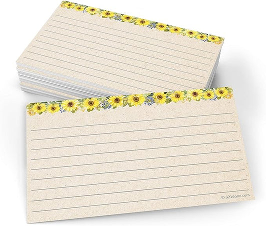 321Done Ruled Note Cards, Sunflower 3x5 Thick Index Cards - Kraft Tan Card Stock, Notecards & Stationery with Lines for Writing, Stamping - Made in USA, Set of 50 - No Envelopes