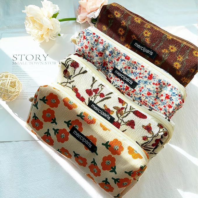 Pencil Pouch Cute Pencil Case Office Storage Bag Holder Box Organizer Aesthetic Bow Flower Pattern Makeup Pouch Cosmetic Bag for Women Girls