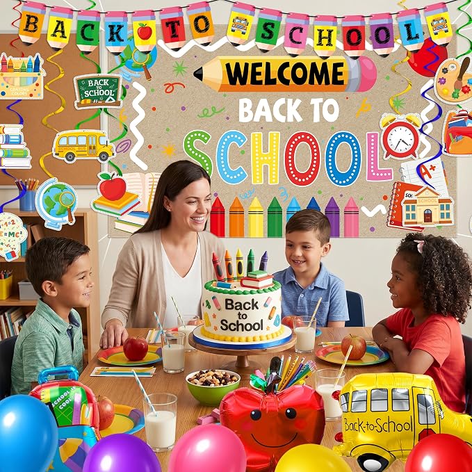 Joy Bang Back to School Decorations, Back to School Banner with Hanging Swirls Apple School Bus Pencil Balloons Welcome Back to School Photo Backdrop First Day of School Decorations Classroom Decor