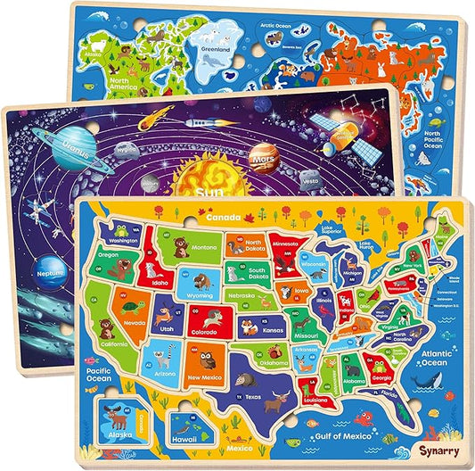SYNARRY Large USA World Solar System Wooden Puzzles for Kids Ages 4-6, Wood Jigsaw Puzzles Educational Games Toys Gifts for Toddlers, Learning United States World Space Maps for Boys Girls Ages 3-8