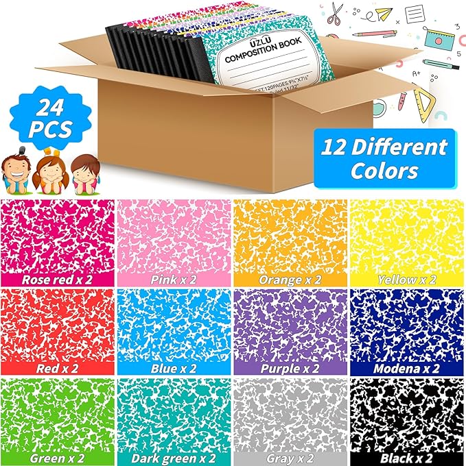 24 Pack 9.75 x 7.5 in Large Composition Notebooks Bulk 12 Color Wide Ruled Composition Books Marble Journal Notebook 60 Sheets per Book for Aldult Student College Office Back to School Supplies