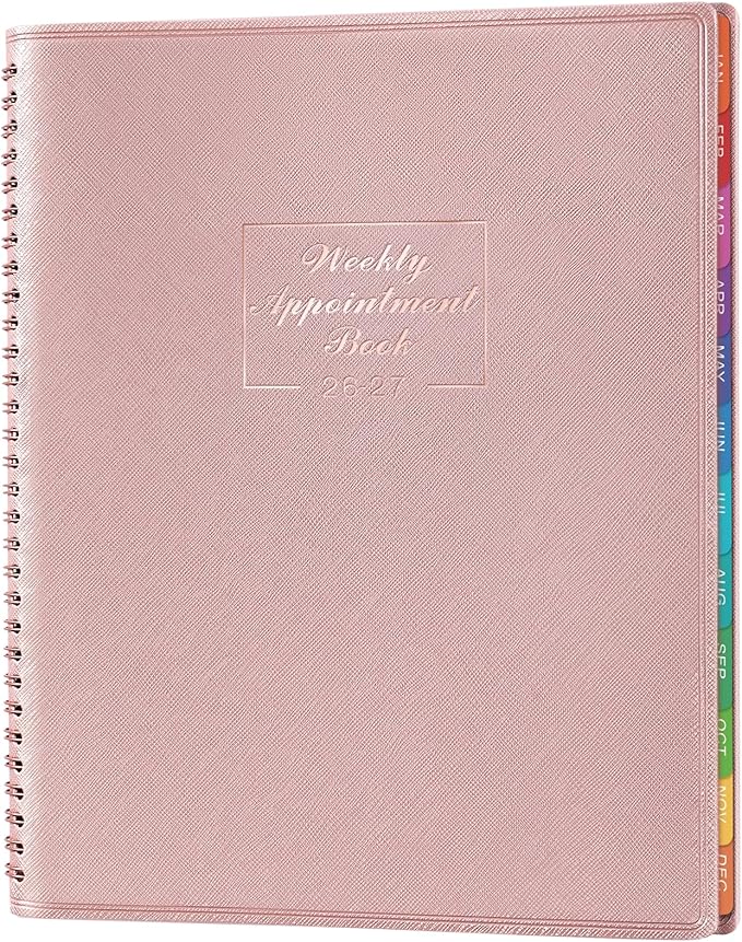 MaaIbok Appointment Book 2026-2027 for School, Office, Home Faux Leather Tab, 15-Minute, Spiral Bound Hourly Planner Appointment Scheduling Book with Tabs - Rose Gold 8.5" x 11"
