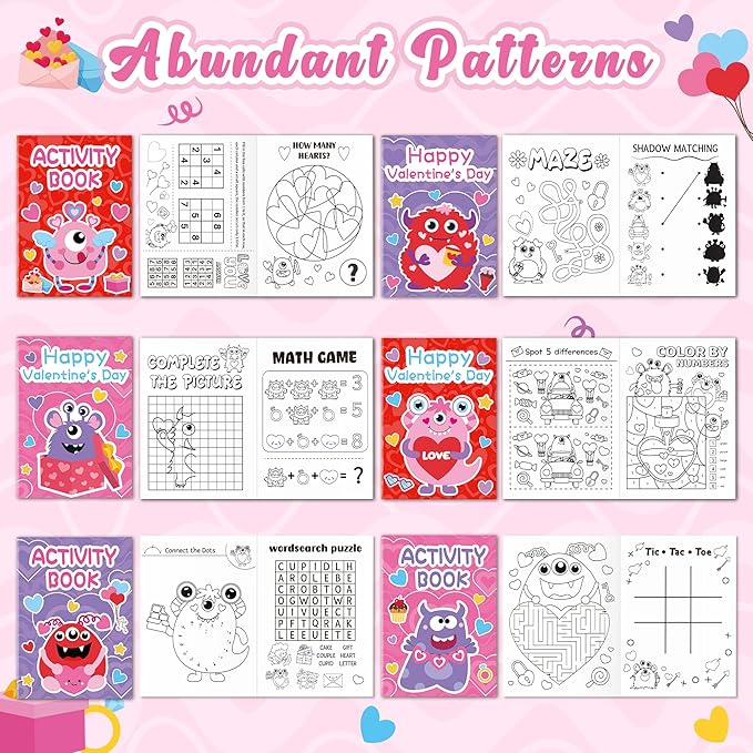 JAPBOR Valentine's Day Activity Coloring Book - 24PCS Mini Valentine Monster Activities Color Books Bulk for Kid Party Favor, Monsters Small Colouring Pages for Birthday Gifts Class Draw Paint Games