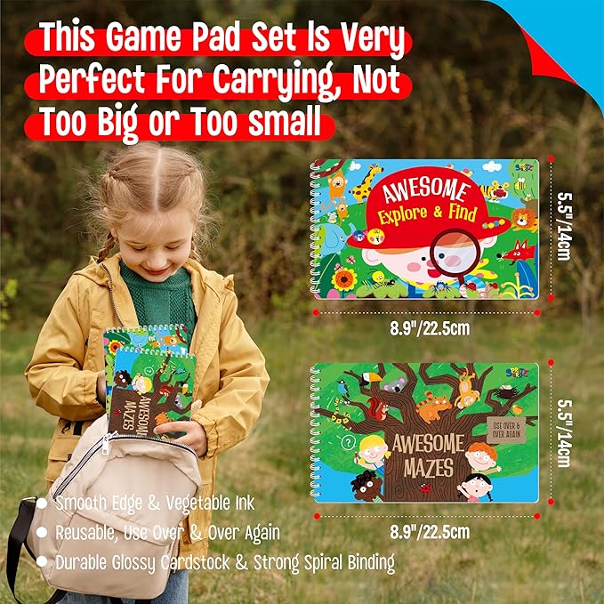 SpriteGru 2 Travel Game Pads, 60 Dry Erase Activities Games Reusable & Erasable Book, Fun Brain Challenge Games Interesting Educational Toy and Learning Tool for Road Trip Airplane Travel