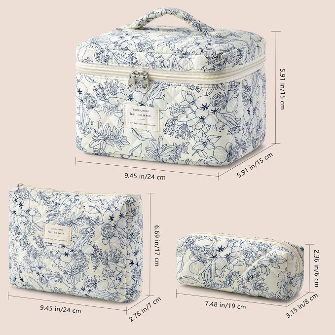 HBselect Quilted Makeup Bag, 3Pcs Cotton Large Travel Makeup Bags Organizer | Cute Floral Make up Bag Cosmetic Bag Toiletry Bag for Women Girls, Makeup Pouch for Skincare, Brushes & Travel Essentials