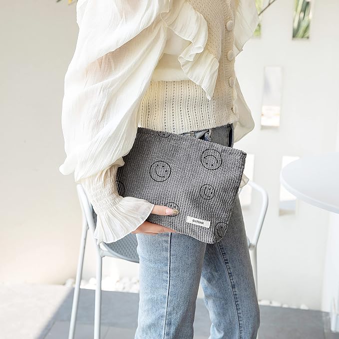 Makeup bag for Women, Corduroy Cosmetic Bag Aesthetic Design Ladies Tote Bag,Cute Smiley Face Makeup Organizer with Zipper - Gray
