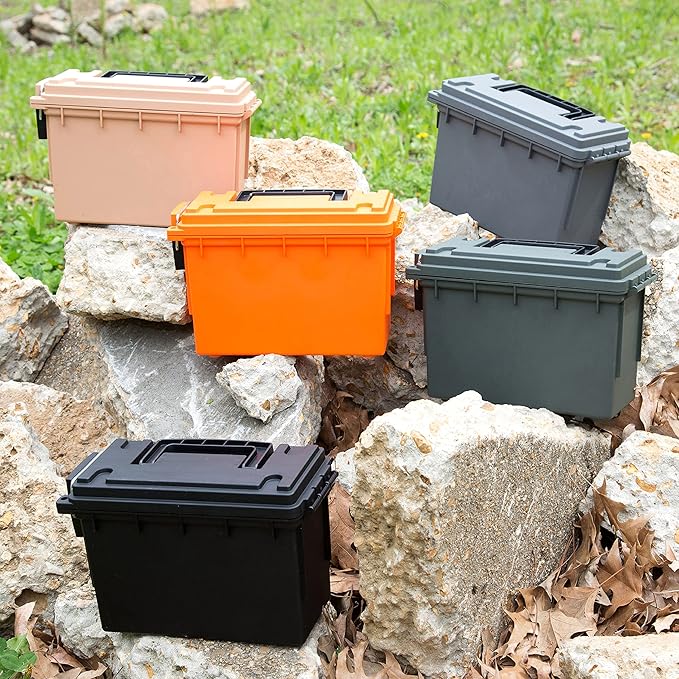 Sheffield 12627 Ammo Storage Box, Stackable .30 Cal Field Boxes, Water and Dust Resistant, Lockable Storage Box with Handle, Secures Hunting Gear, Supplies, and Bullets, Made in USA, Tan, (Pack of 6)