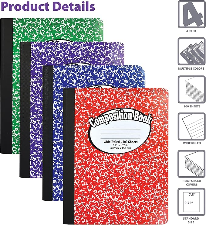 Better Office Products Composition Book Notebook - Hardcover, Wide Ruled (11/32-inch), 100 Sheet, One Subject, 9.75" x 7.5", Assorted Covers: Red, Blue, Green, Purple-4 Pack