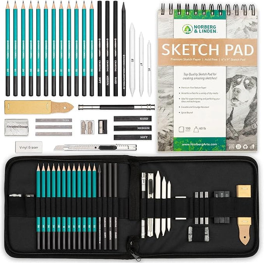 Norberg & Linden XL Drawing Set - Sketching, Graphite and Charcoal Pencils. Includes 100 Page Drawing Pad, Kneaded Eraser, Blending Stump. Art Kit and Supplies for Teens and Adults