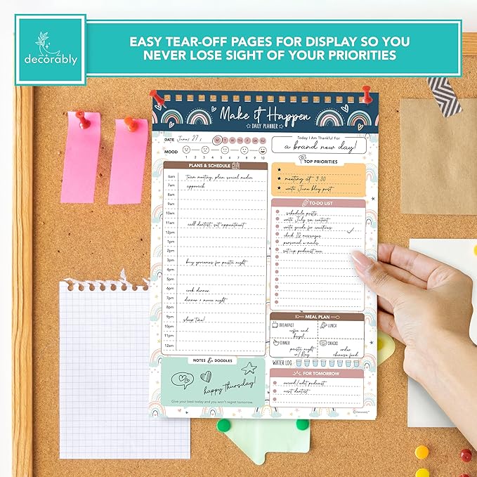 Decorably 52 Sheets Boho Rainbow Undated Daily Notepad - 6.5x10in Spring-Bound Planner, Easy Tear-Off, for Schedule, Priorities, to Dos, Agenda, Water Intake, Meals, Notes & Doodles - Home, Office