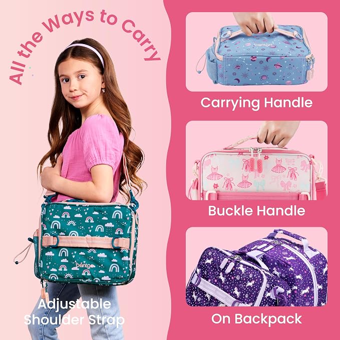 Bentgo Kids Prints Double-Insulated Reusable Lunch Bag | For Kids 3+, Adjustable Strap; Holds Lunch Box/Water Bottle/Snacks; Easy-Clean, Water-Resistant, Pockets (NEW Ballet & Bows)