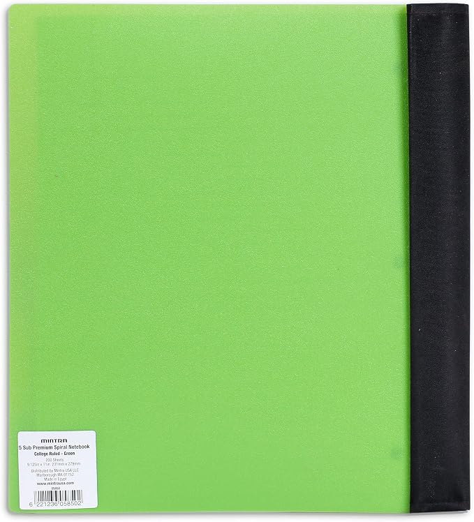 Mintra Office Durable PREMIUM Spiral Notebook, ((Green, 5 Subject, 8.5in x 11in)), Fabric Covered Coils, No Snags, Removable Adjustable Pocket Dividers, Ruler, Organization, Customizable