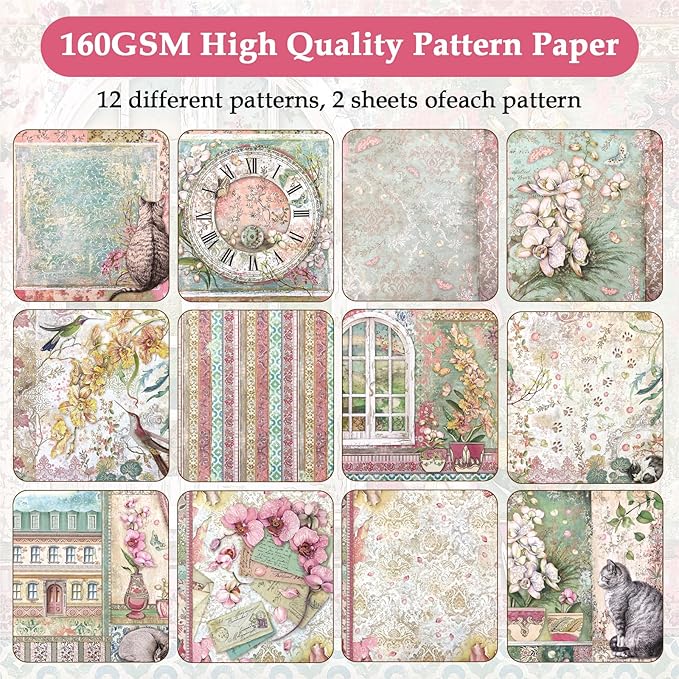 Scrapbook Paper,24 Sheets 6"x 6" Vintage Scrapbook Supplies,Single-Sided Pattern Decorative Cardstock Paper for Junk Journal,Card Making,DIY Album, Art Journaling,Decoupage Craft,Orchids and Cat