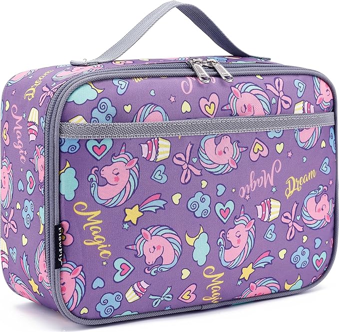 FlowFly Kids Lunch box Insulated Soft Bag Mini Cooler Back to School Thermal Meal Tote Kit for Girls, Boys, Purple Unicorn