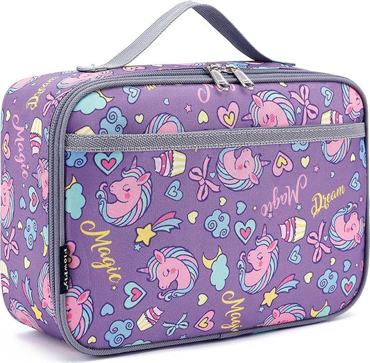 FlowFly Kids Lunch box Insulated Soft Bag Mini Cooler Back to School Thermal Meal Tote Kit for Girls, Boys, Purple Unicorn