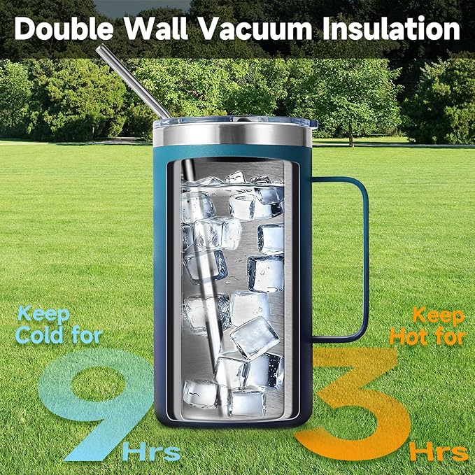 Volhoply 22oz Insulated Stainless Steel Coffee Mug with Leakproof Lid,Double Wall Vacuum Travel Coffee Cup with Handle,Reusable Metal Tumbler,Camping Mugs Keep Hot&Cold(Dark Night,1)
