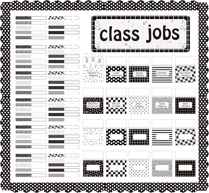 WATINC 97pcs Class Jobs Bulletin Board Set, Classroom Jobs Chart with Name Tags, Back to School Schedule Boards Pocket Behavior Chart for Classroom Chalkboard Walls Decoration (Black White Stripe)