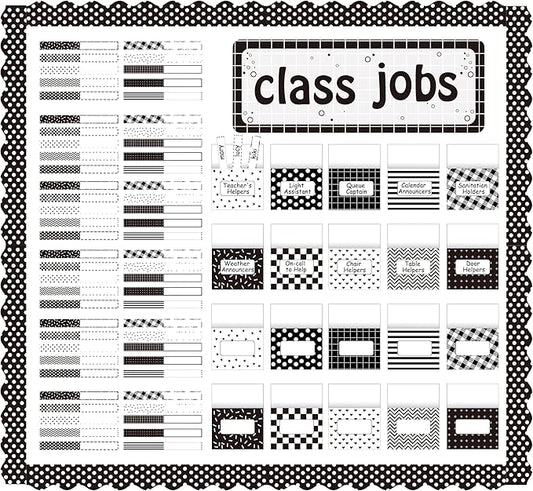 WATINC 97pcs Class Jobs Bulletin Board Set, Classroom Jobs Chart with Name Tags, Back to School Schedule Boards Pocket Behavior Chart for Classroom Chalkboard Walls Decoration (Black White Stripe)