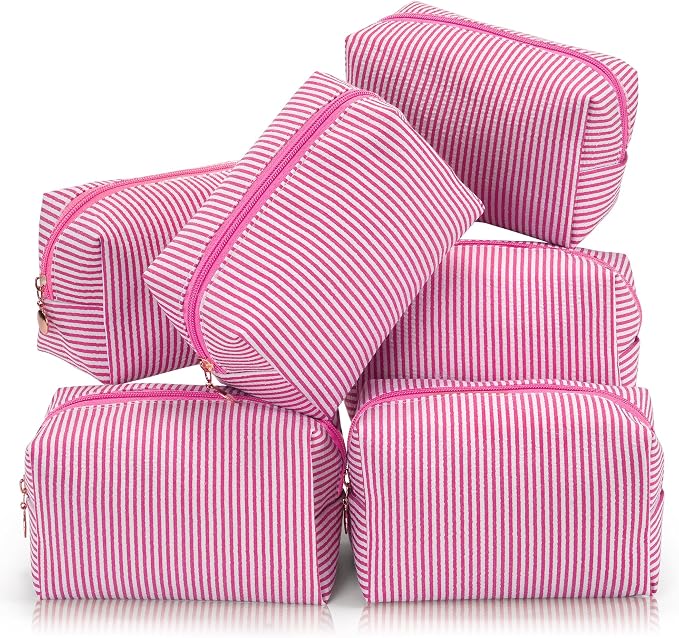 Makeup Bag Set for Women, 6PCS Travel Cosmetic Bags Pencil Case, Striped Seersucker Toiletry Organizer Pouches, Cute Makeup Pouch for Purse, Accessories and Gifts, Rose Red